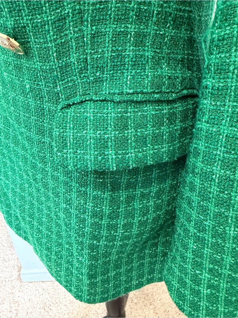 ZARA Emerald Green Tweed Blazer Gold Crest Buttons Structured Jacket Small